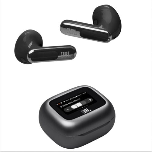 A pair of black JBL Live Flex 3 true wireless stereo earbuds with a charging case.